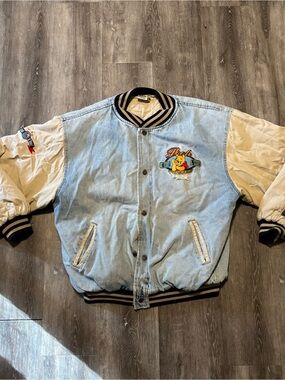 Vintage 90s Unisex Winnie The Pooh Denim Varsity Jacket size XL Distressed